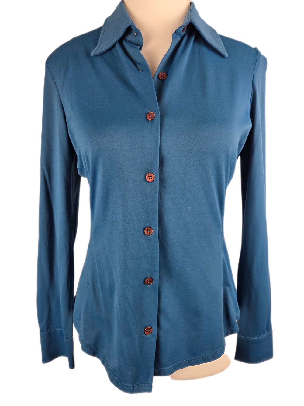 MNG by Mango Teal Blue Long Sleeve Button Down Blouse Shirt